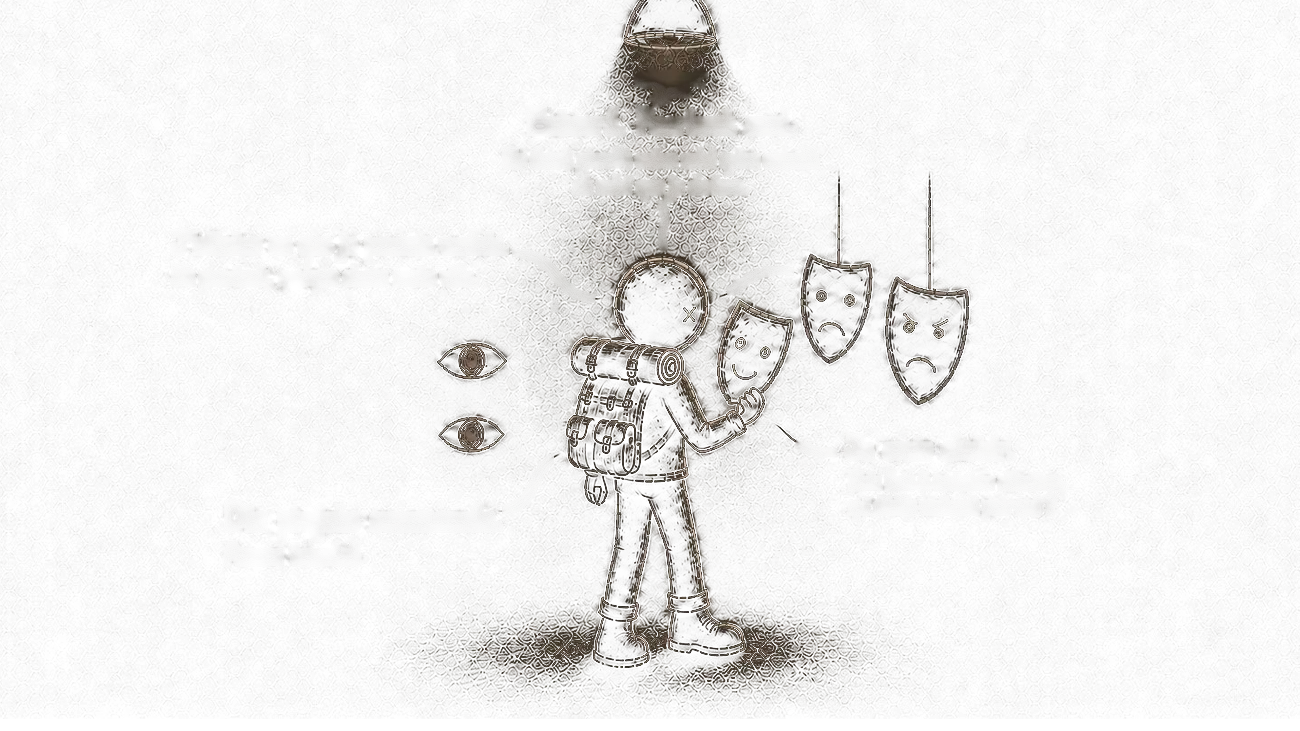 Un personnage sous une lampe, un masque à la main, d’autres masques suspendus, deux yeux qui l’observent