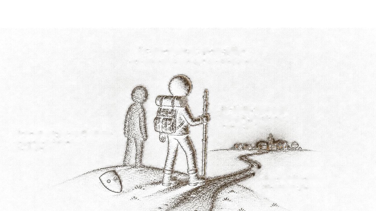 Le même personnage de dos, sac et bâton, son ancienne silhouette derrière lui, un chemin qui mène à un village éclairé