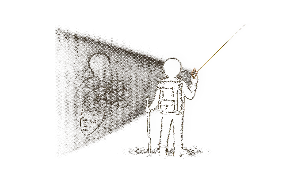 Le personnage tient un objet en forme de diamant relié par un fil à un point lumineux au loin, un masque posé au sol